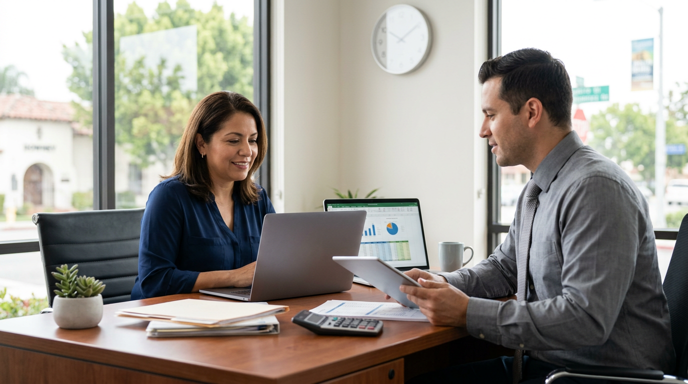 A smiling woman and man in an office, collaborating on laptops and a tablet with financial charts visible on screen. Business professionals collaborating in an office