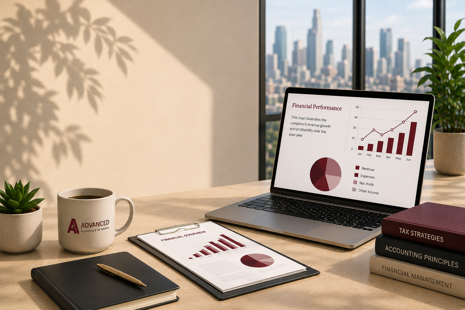 a desk with advanced accounting branded items on it