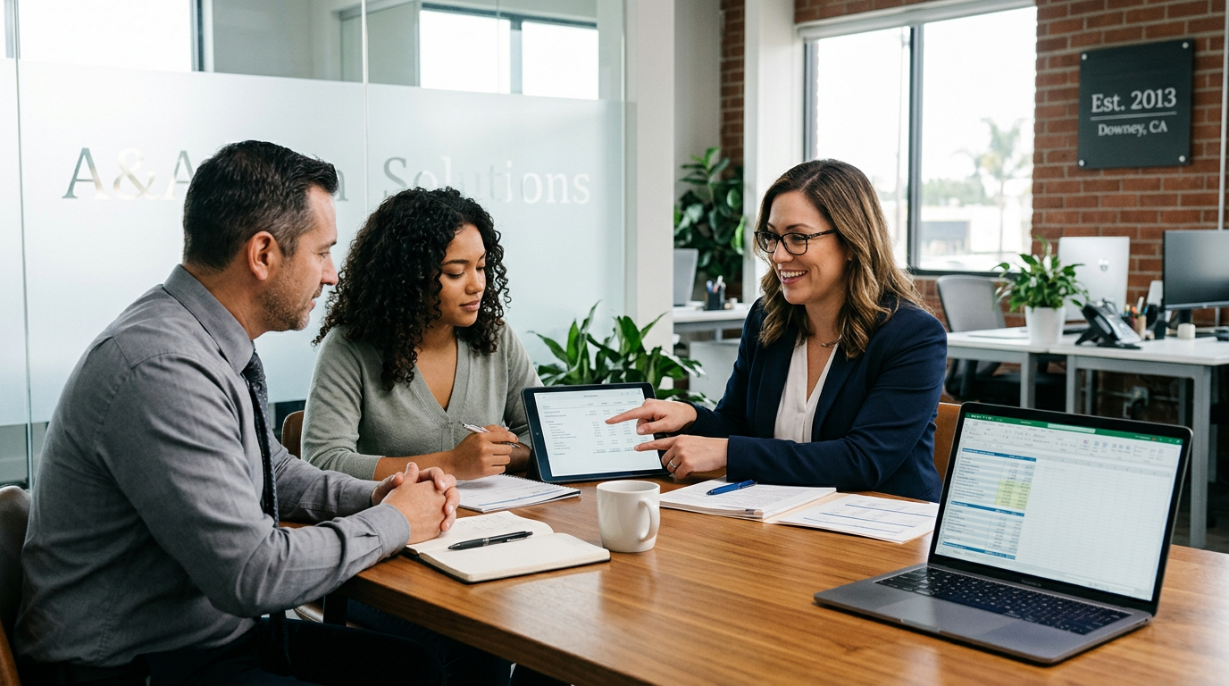 A woman points to information on a tablet, engaging two colleagues in a discussion during a business meeting in a modern office. Three Business Professionals Collaborating in an Office Meeting