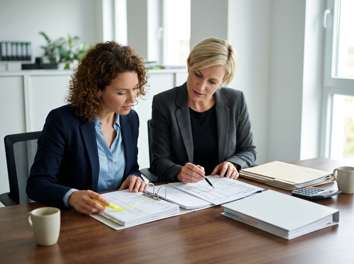 Two professional women in business attire, one with curly hair highlighting and the other pointing, review documents at a desk. Businesswomen Reviewing Documents Together