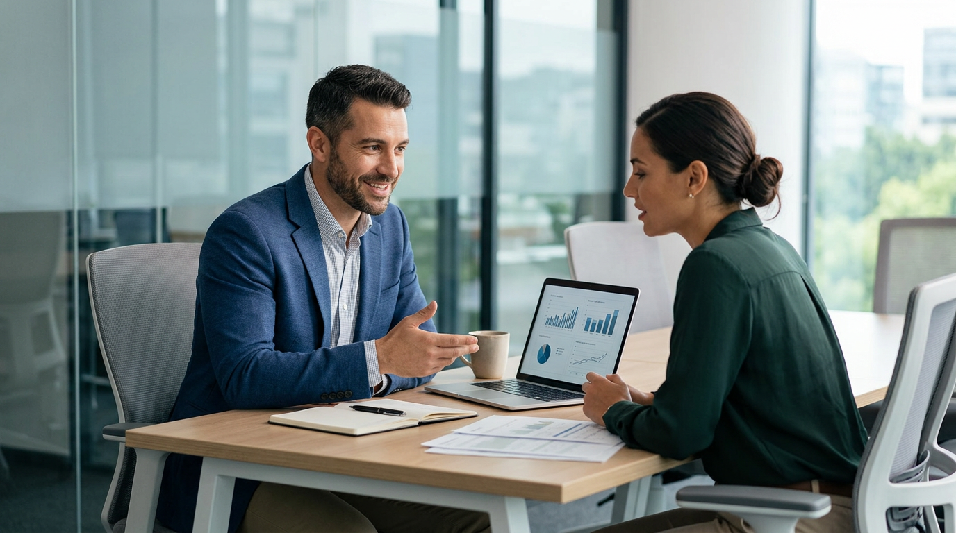 A smiling man and a woman in a modern office looking at charts and graphs on a laptop screen during a business meeting. Two business professionals analyzing data on a laptop