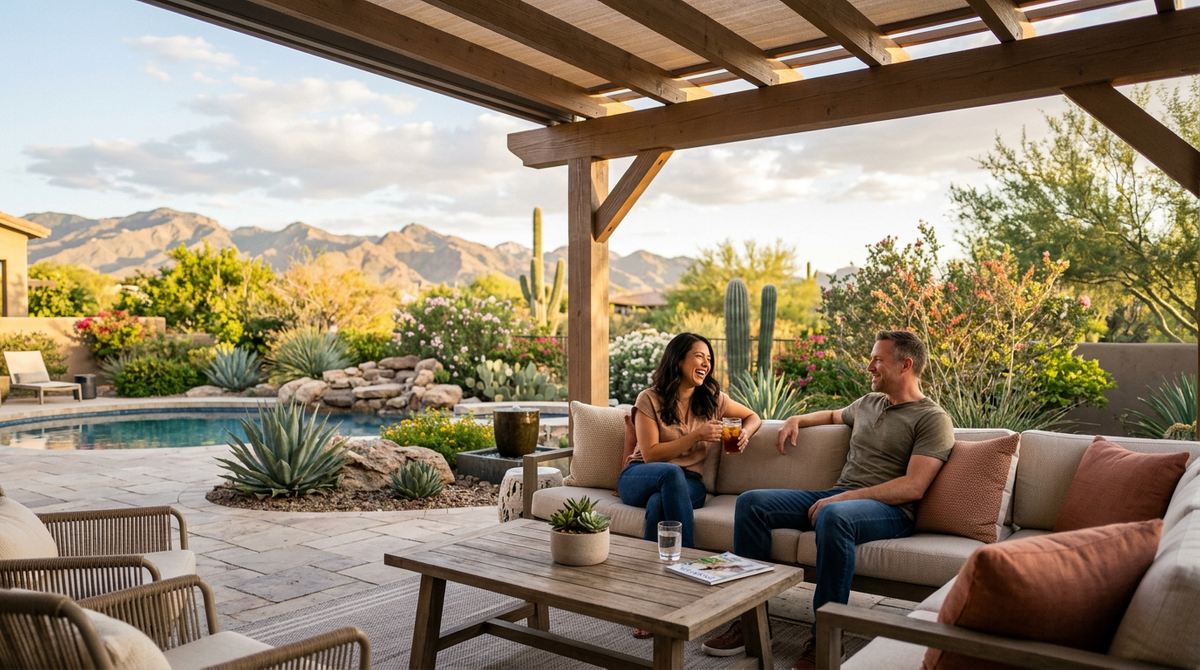 Couple enjoying a luxury desert patio with pool and mountain views