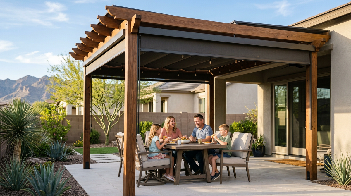 Family Enjoying Outdoor Dinner Under a Modern Retractable Pergola