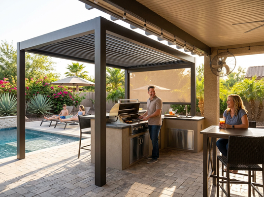 A family relaxes in a backyard patio featuring a man grilling, a woman at a bar, and children by a swimming pool under a louvered pergola. Family enjoying a modern outdoor living space with kitchen and pool