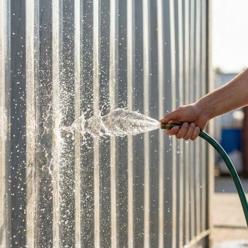 Person rinsing a shipping container with a water hose to remove salt.