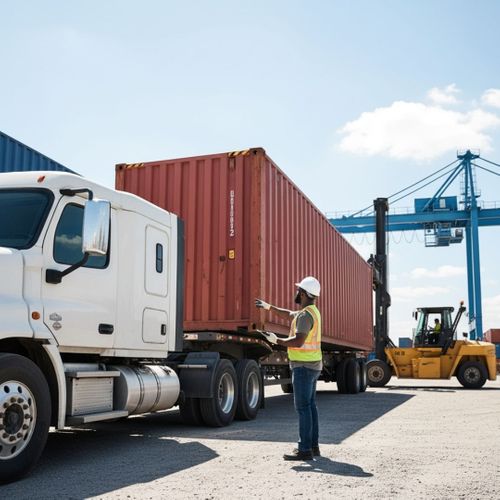 Professional driver preparing to load a shipping container onto a delivery truck for transport.