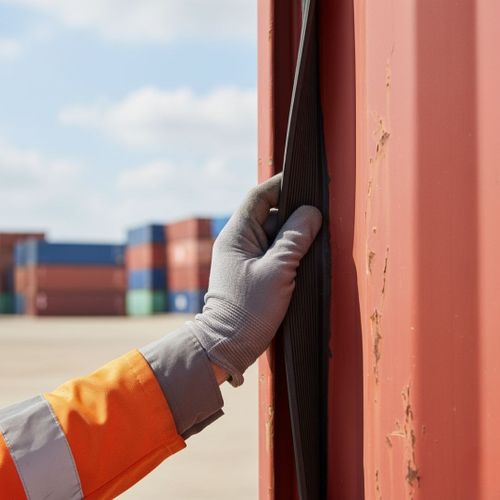 Close-up of a hand in a work glove checking the weather-sealing rubber door gasket on a red shipping container, with a container yard in the blurry background.