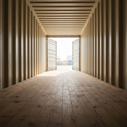 Perspective shot from inside a clean, empty shipping container looking out through its open doors to a bright container yard.