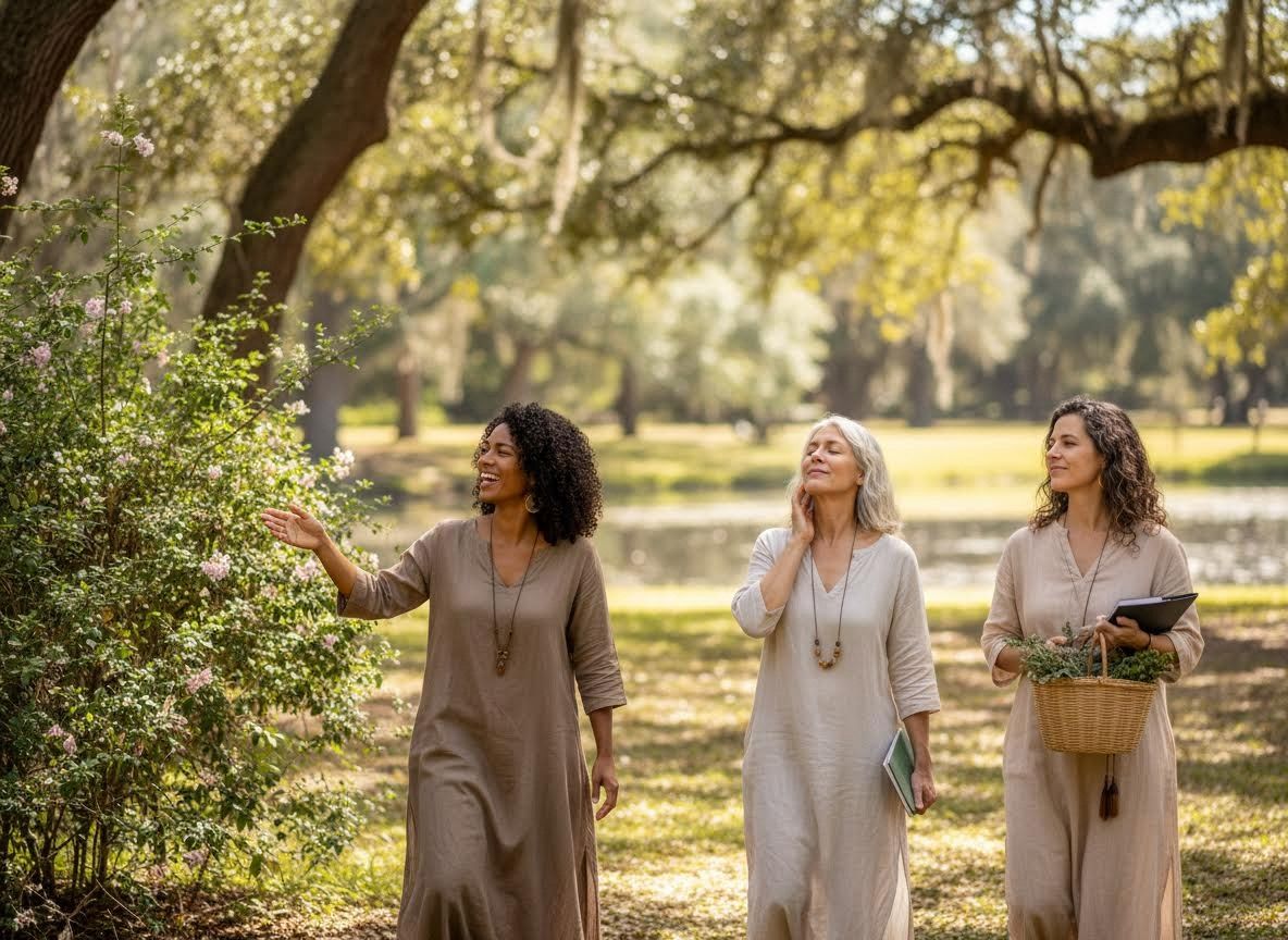 Three Women Enjoying Nature Walk and Herbal Gathering