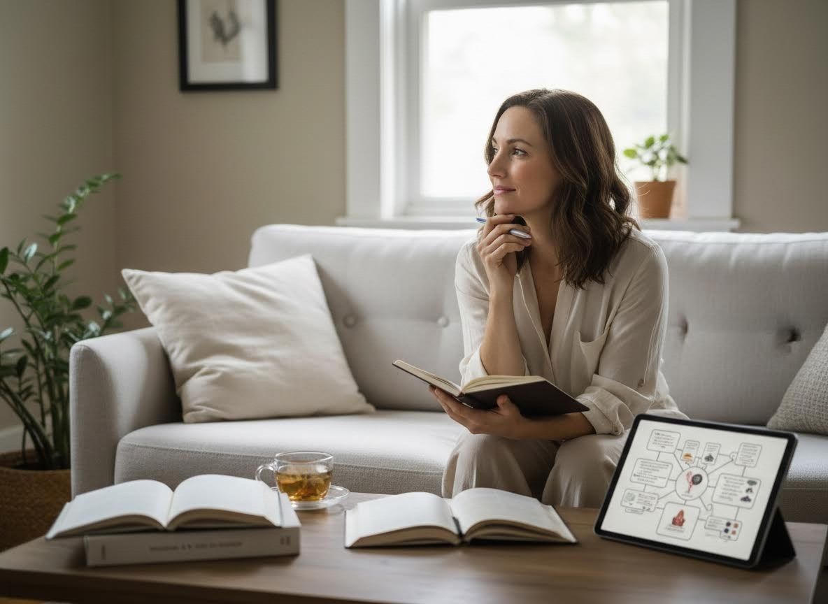 Thoughtful woman planning with notebook and tablet