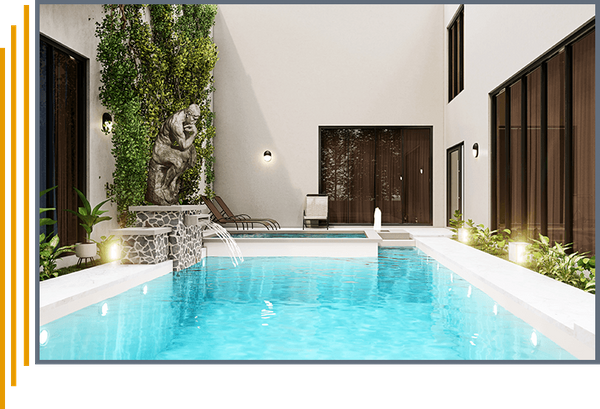 A clean pool next to a modern home