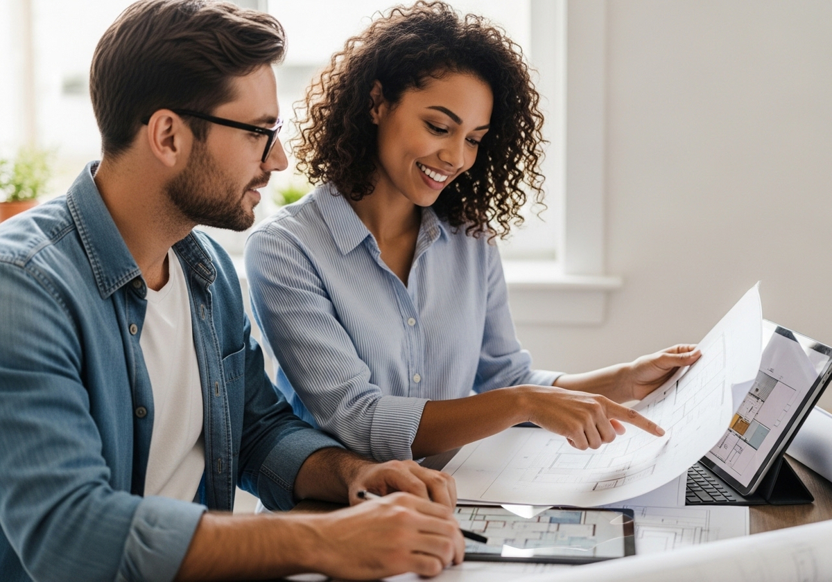 Architects Collaborating on Blueprint