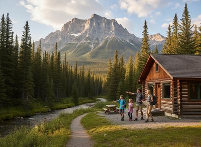 A family of four stands by a rustic log cabin, pointing towards a winding river, dense pine forest, and a majestic mountain. Family by a log cabin pointing at a mountain landscape