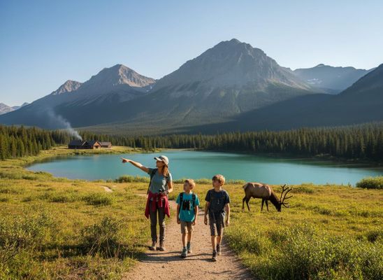 Family hiking in mountains by a turquoise lake with an elk