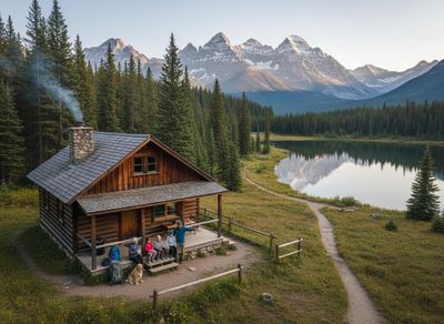 Family and Dog at Mountain Lake Cabin