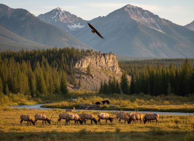 Mountain Wildlife Scene with Eagle, Elk, and Bears