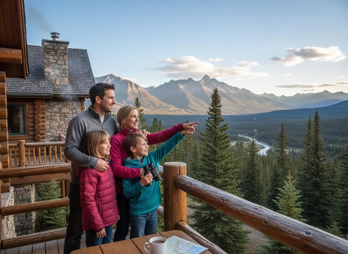 Family enjoying mountain view from lodge balcony