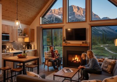 Family Cozying up by the Fireplace in a Mountain Cabin