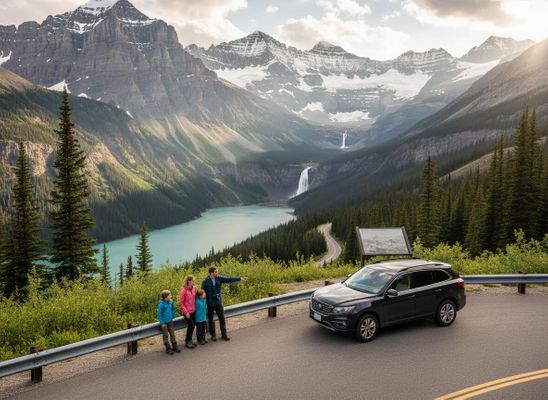 Family sightseeing at a mountain overlook with lake and waterfall