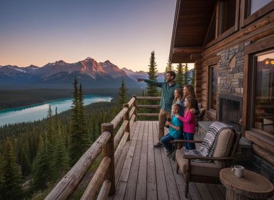 A family of four enjoys a majestic mountain and turquoise lake view from a rustic log cabin balcony at sunrise/sunset, with the father pointing. Family on Log Cabin Balcony Overlooking Mountain Lake