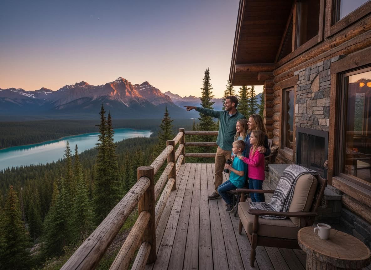 Family on Log Cabin Balcony Overlooking Mountain Lake