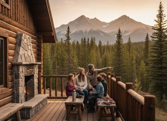 Family on log cabin porch with mountain view