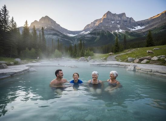 Family enjoying a mountain hot spring with bighorn sheep