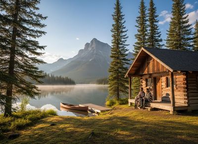 Log Cabin and Canoe on Misty Mountain Lake