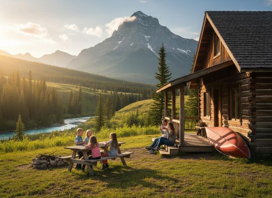 Family enjoying a mountain cabin retreat with scenic views