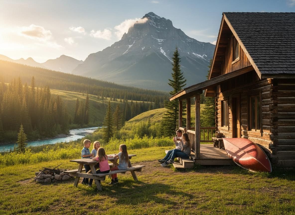 Family enjoying a mountain cabin retreat with scenic views