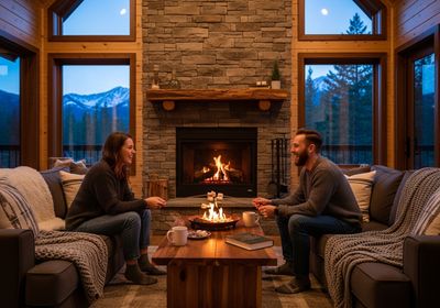 A smiling couple sits comfortably in a cozy cabin, roasting marshmallows over an open fire in a fire pit on a wooden coffee table. The warm glow of the fire and interior lights contrast with the cool blues of dusk visible through the large windows, showcasing a serene mountain view. The scene evokes feelings of warmth, togetherness, and relaxation. Cozy Cabin Marshmallow Roasting