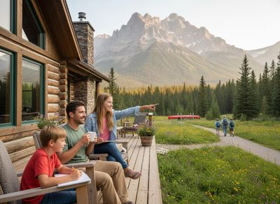 Family on log cabin porch with mountain view