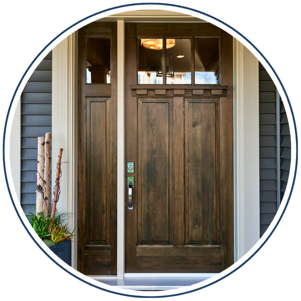 wood front door with windows