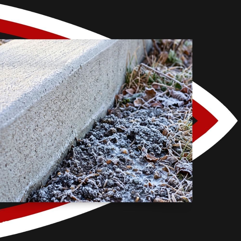 Exterior concrete foundation edge meeting frosty soil during winter