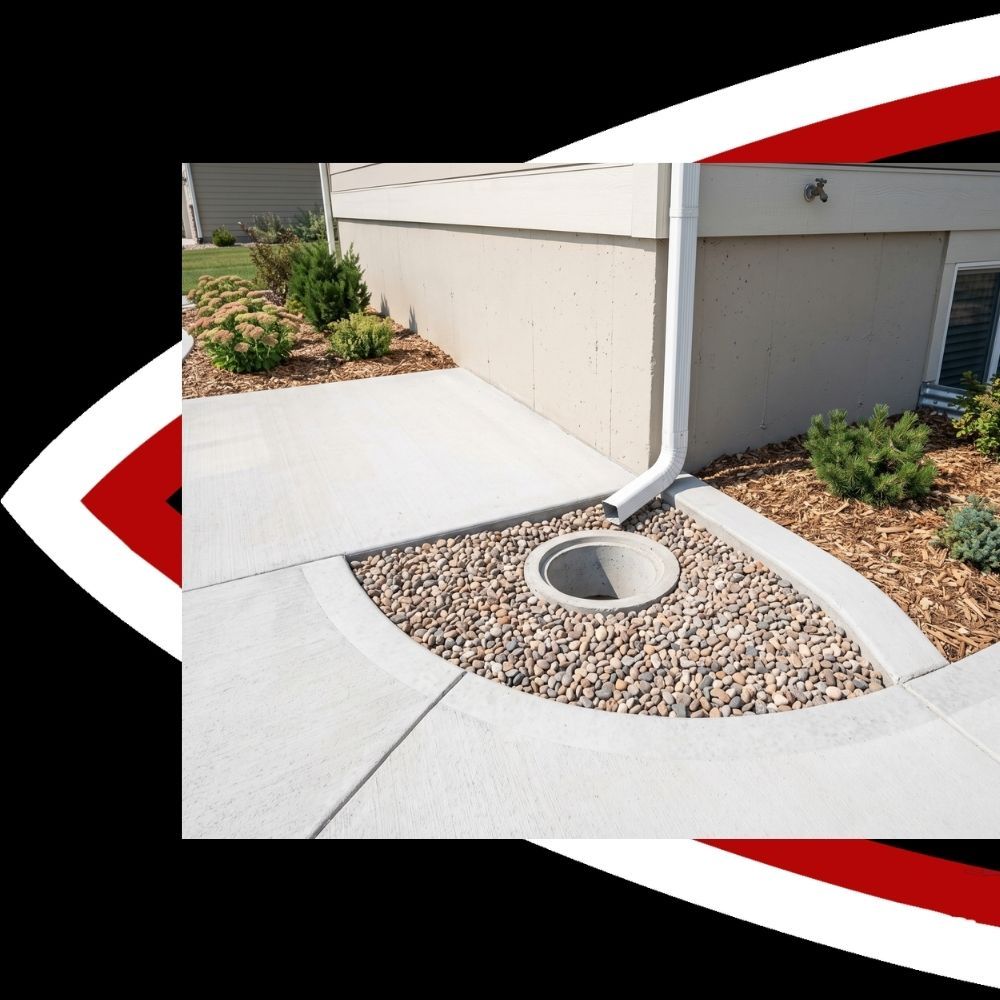 Gutter downspout connecting to an underground drainage basin next to a concrete patio