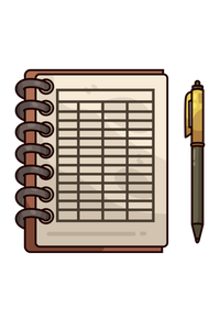 An illustration of a spiral-bound ledger or notebook with a grid pattern on the page, positioned next to a dark green and gold pen. An illustration of a spiral-bound ledger or notebook with a grid pattern on the page, positioned next to a dark green and gold pen.