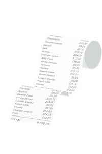 A long, curling white paper receipt illustration showing a list of various grocery items with prices A long, curling white paper receipt illustration showing a list of various grocery items with prices