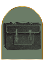 A vintage-style black and white woodcut illustration of a classic leather satchel or briefcase with two buckles, framed within a gold arched border.