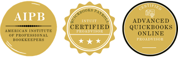 Three circular gold certification seals for the American Institute of Professional Bookkeepers (AIPB), QuickBooks Payroll Certified ProAdvisor, and Advanced QuickBooks Online ProAdvisor.