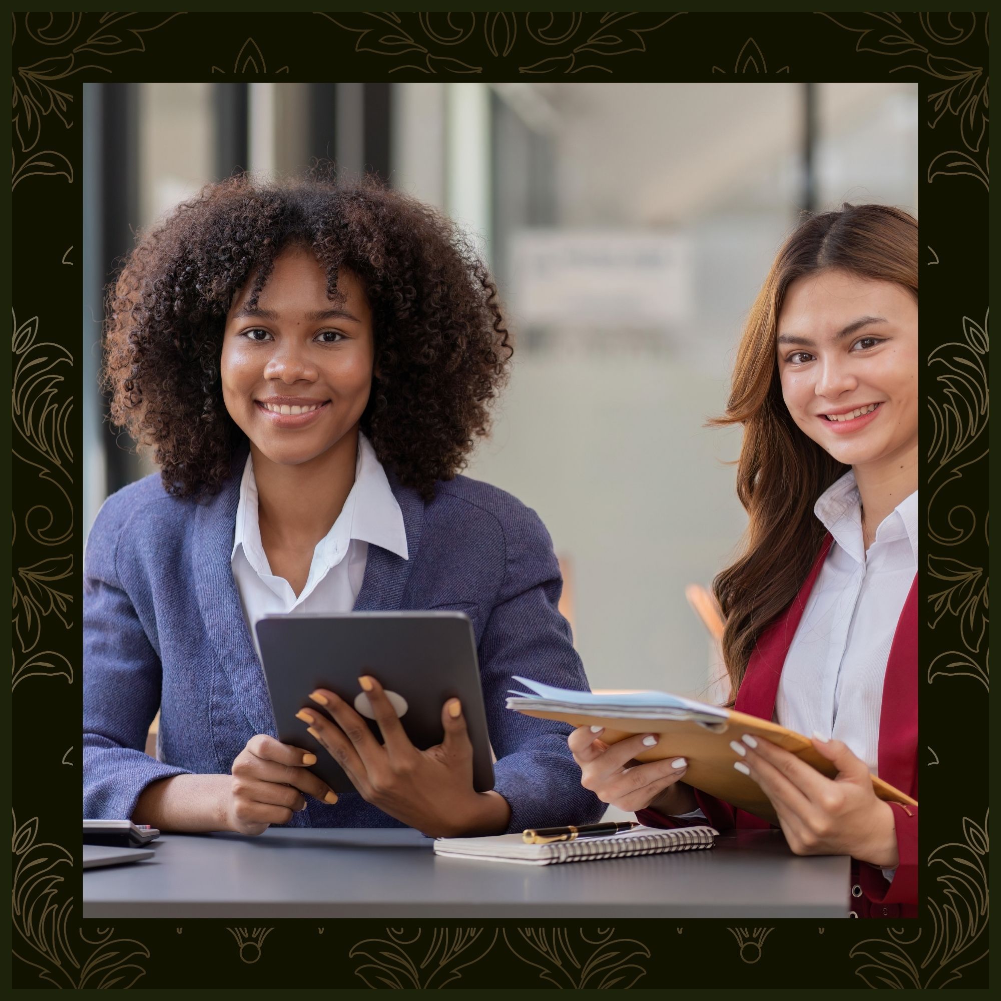 Two professional women sitting together at a desk; one holds a digital tablet while the other holds a folder of documents, both smiling at the camera.