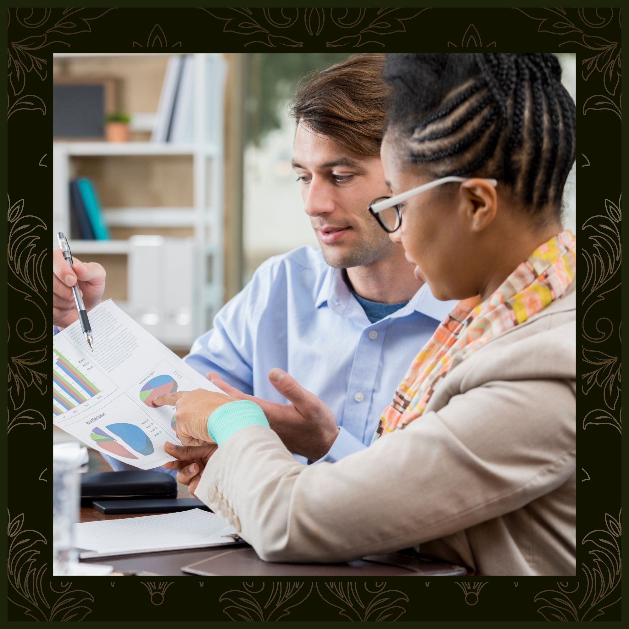 A close-up of two professionals—a man and a woman—reviewing a printed financial report together. The woman is pointing to a colorful pie chart while the man looks on and holds a pen.