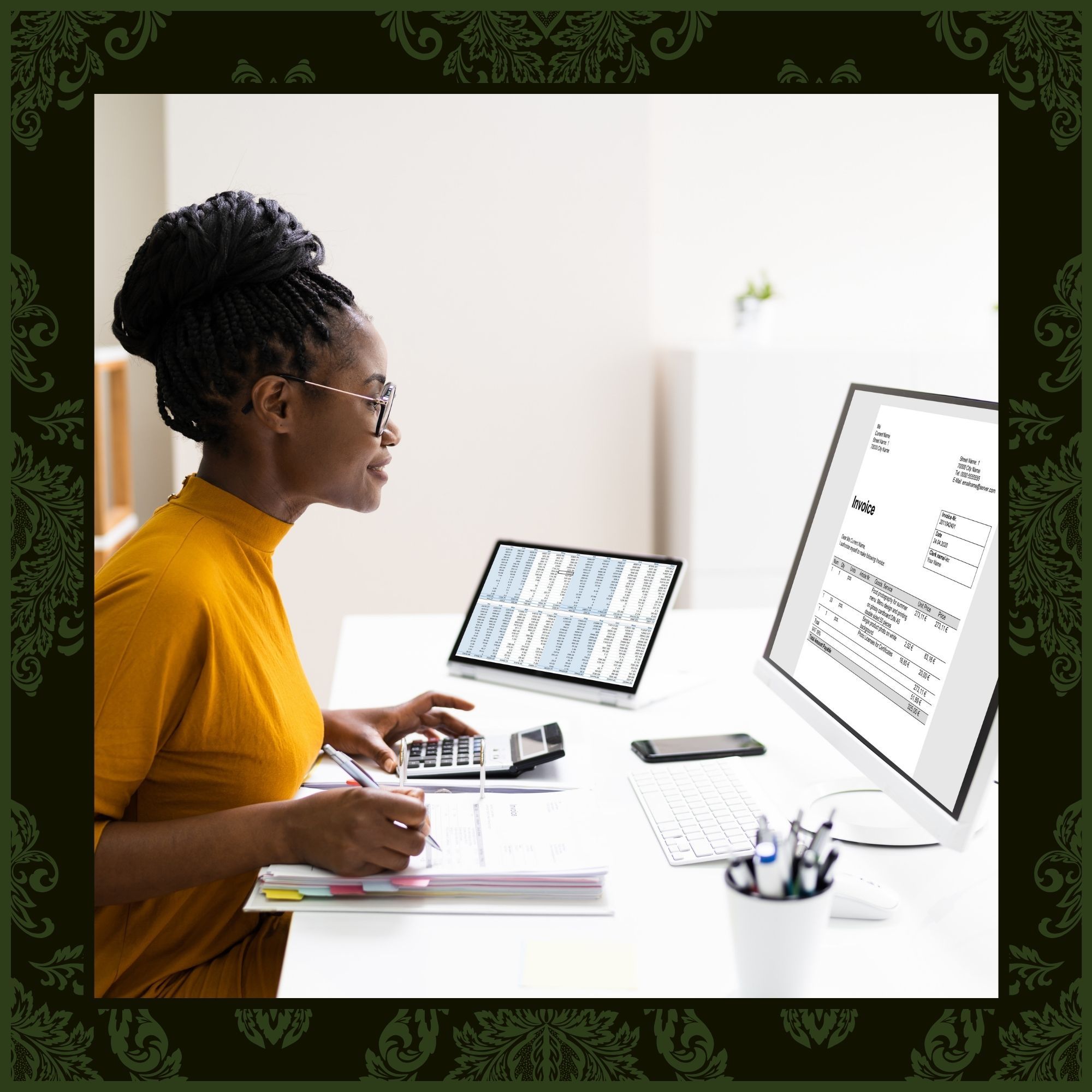A woman with braided hair and glasses sits at a white desk, focused on a computer screen displaying an invoice. She is holding a pen and has a calculator and a tablet displaying spreadsheets nearby.