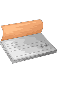 A stylized illustration of a checkbook with a peach-colored cover flipped open to reveal a signed check on a white page. A stylized illustration of a checkbook with a peach-colored cover flipped open to reveal a signed check on a white page.