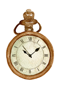 A watercolor-style painting of an antique pocket watch in shades of brown and tan, showing Roman numerals on the clock face. A watercolor-style painting of an antique pocket watch in shades of brown and tan, showing Roman numerals on the clock face.