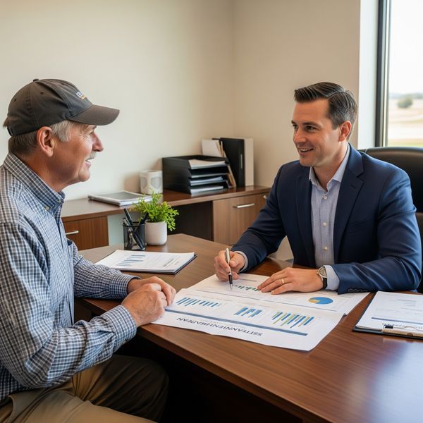 an accountant sitting with a farmer going over data