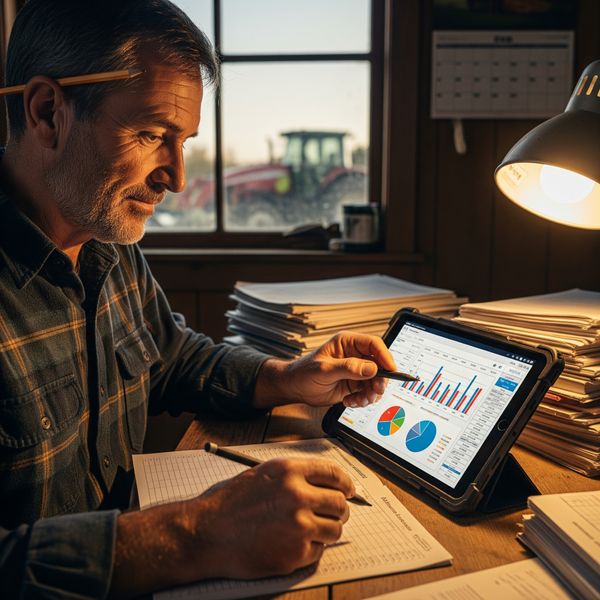 a farmer working on a tablet doing accounting tasks