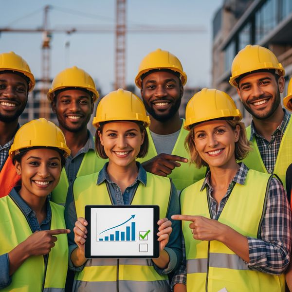 A diverse group of construction workers in hard hats and vests smiling, symbolizing the efficiency and peace of mind provided by professional payroll services.