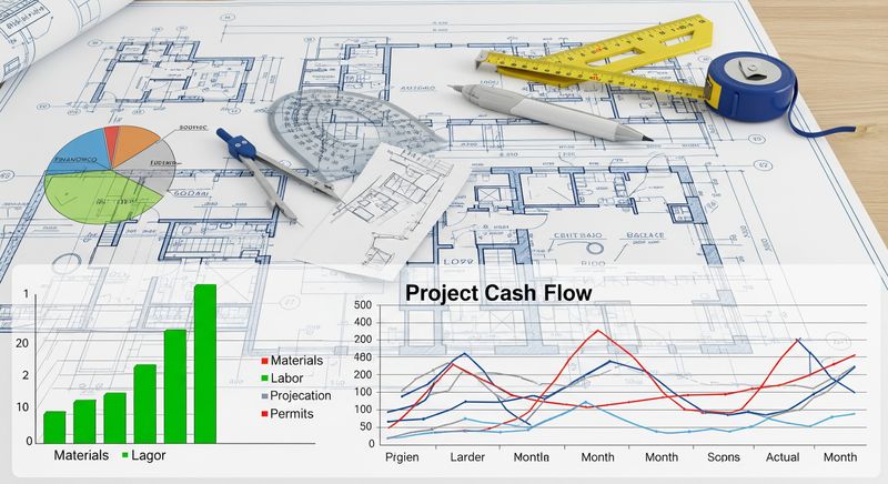 A detailed construction blueprint with various tools and financial charts overlaid, symbolizing the planning and accounting needed for construction projects.
