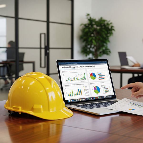 An office setting with a construction helmet and a laptop displaying financial reports, illustrating how outsourced accounting simplifies management for construction companies.
