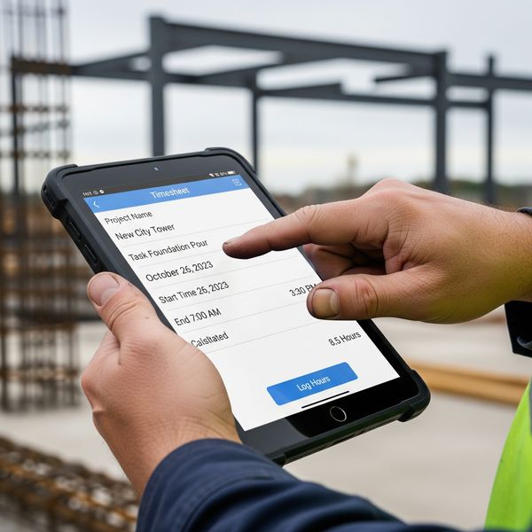 A close-up of a construction worker's hands using a tablet to log project hours, representing the importance of accurate job costing in the field.